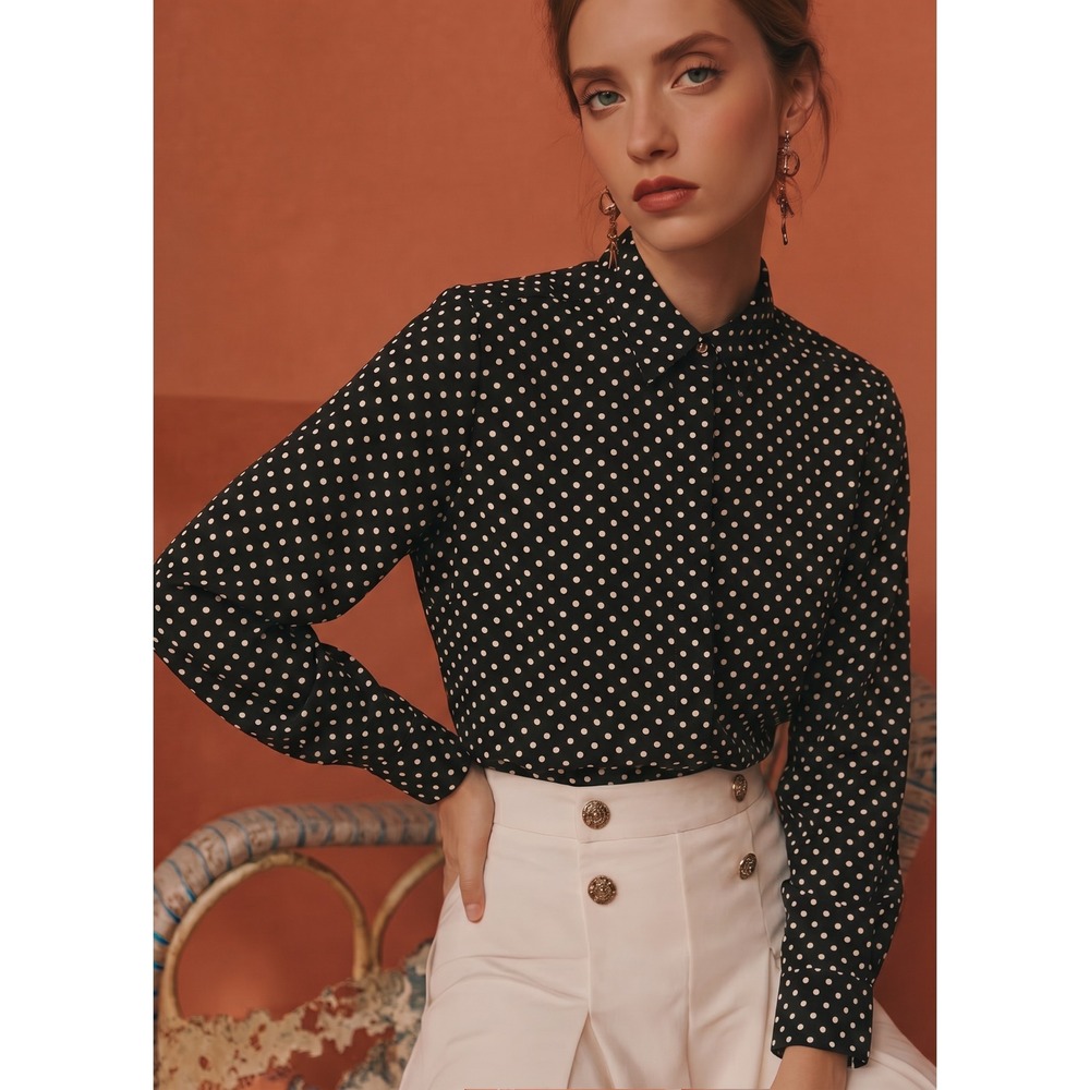 Lauren Ralph Lauren Women's Black White Polka Dot Non‑Iron Shirt Gold Buttons S